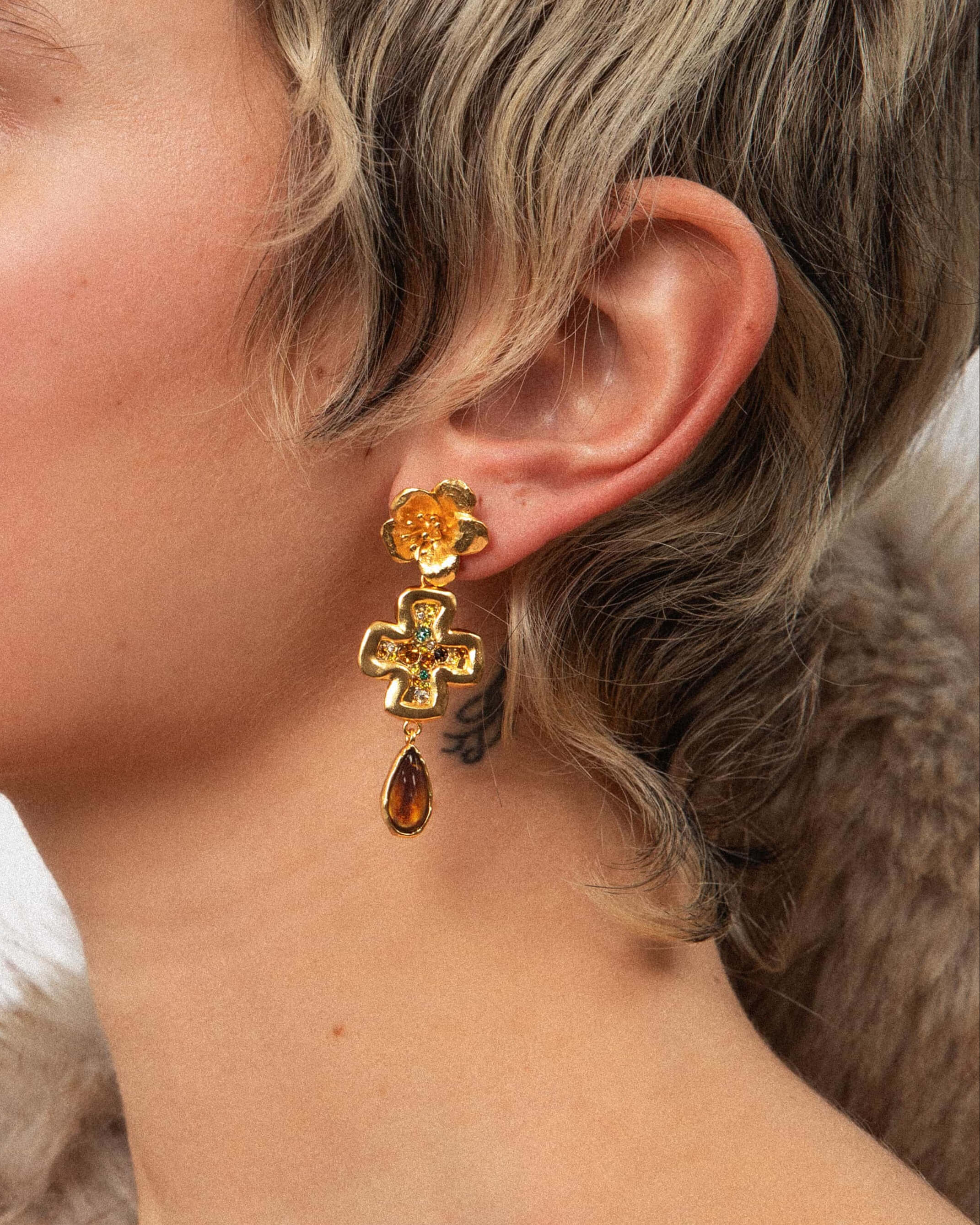 Amber Dew Floral Cross Earrings - Image 2